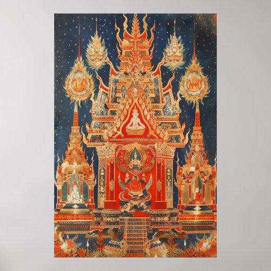 Thai Temple Art Print Traditional Buddhist Red and ポスター (正面)