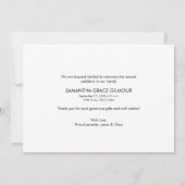 Thank モダン Script Baby Girl Photo誕生 案内状 (裏面)