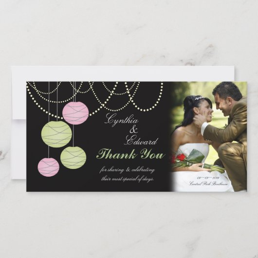 Thank 結婚 You Pink Green Lanterns Photo Card サンキューカード (正面)