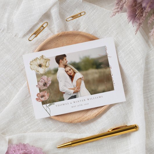 Thank Script Icelandic Water Color Poppy Photo 箔招待状