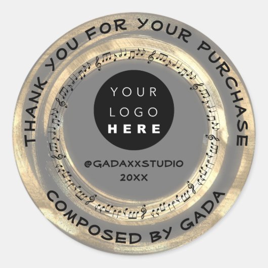 Thank YouショッピングミュージックロゴSocial Notes Gray ラウンドシール (正面)