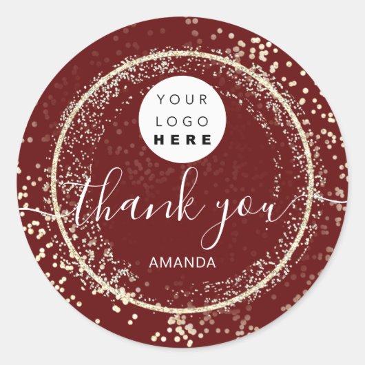 Thank Youロゴ金ゴールドグリッターBurgundy Frame ラウンドシール (正面)