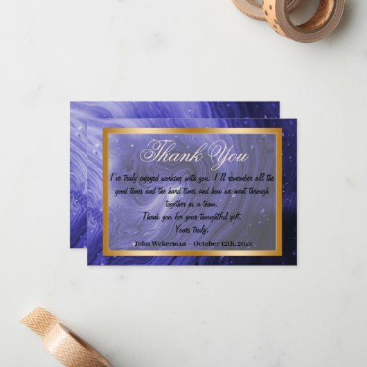 Thank You同僚とダークブルー大理石、金ゴールドフレーム ノートカード (正面/裏面インサイチュ)