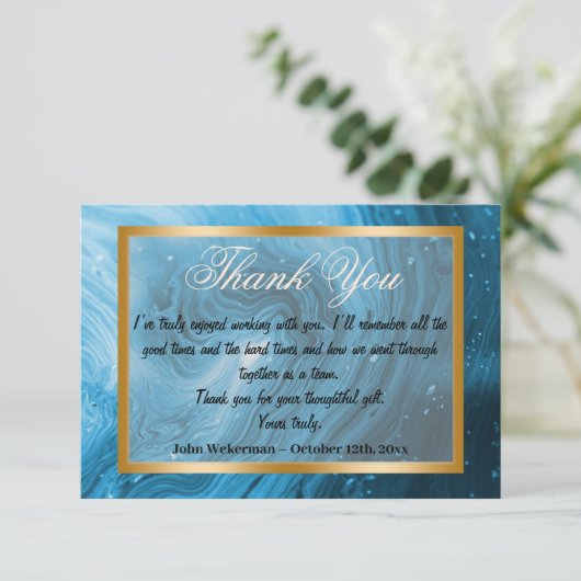 Thank You同僚とライトブルー大理石、金ゴールド ノートカード (スタンド正面)