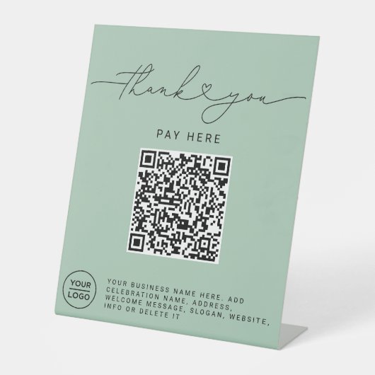 Thank You スクリプトハート Scan Me QRコード ロゴ サージュグリーン 台座サイン (正面)