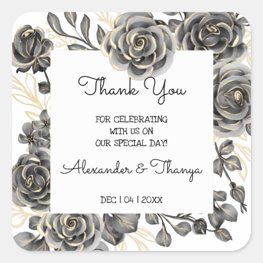 Thank You 来 for Blackバラ結婚式の引き出物 スクエアシール (正面)