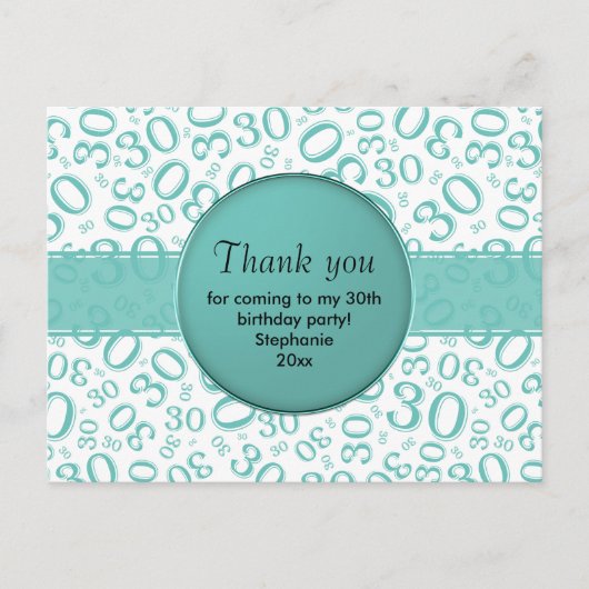Thank You 30 Random Number Pattern Teal/White ポストカード (正面)