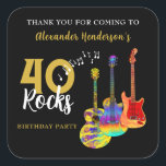 Thank You 40th birthday Guitar Rocks 40 スクエアシール<br><div class="desc">名前を追加パーソナライズされた40 Rocks 40thバースデーパーティーあなたは感謝してい音楽ノートと3つのカラフルギターのデザインと黒い背景にステックールク。エレキギター、セミアコースティックギター、アコースティックサイケデリックギターアート鮮やかイラストレーションでブラックと金ゴールドのタイポグラフィを備えた明るい色のクールギター。テンプレートを使って年齢や名前を変えるこの簡単はロックスタイルで40分の完璧なパーティーを作り出す感謝してい祝。あなたはバッグのシールを好みて、ギタリスト、ミュージシャン、音楽愛好家に理想的である。このクールミュージカルモダン楽器デザインは、この素晴らしいミュージカル楽器の音楽エネルギーと40番目の誕生祝いをロックするための完璧な方法である。オリジナルのアートワークby artist Catherine Sweetman</div>