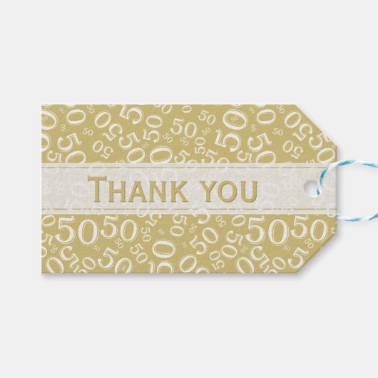 Thank You 50誕生日金ゴールド/ホワイトナンバーパターン ギフトタグ (正面(横))