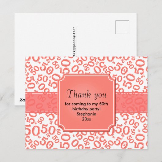 Thank You 50 Random Number Pattern Coral/White ポストカード (正面/裏面)