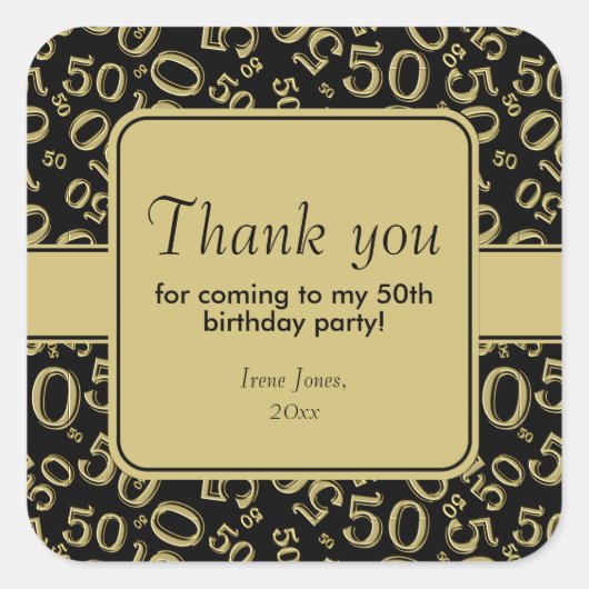 Thank You 50th誕生日番号パターン金ゴールド/黒 スクエアシール (正面)