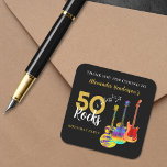Thank You 50th birthday Guitar Rocks 50 スクエアシール<br><div class="desc">50 Rocks 50th birthday partyあなたは感謝してい黒い背景に3つの水の色のギタクールーのデザインとステッカー。火炎パターンと赤ピックガード付きのエレキギター、数々のカラーのセミアコースティックギター、およびブラックと金ゴールドのタイポグラフィを備えたサイケデリッククラシックアコースティックパーソナライズされたギターアートのイラストレーションを使用したエレキモダンュタクールギター。テンプレートを使って年齢や名前を変えるこの簡単は感謝してい、ロックスタイルで50のバッグステッカーを好む完璧なパーティーを作り出し、ギタリスト、ミュージシャン、音楽愛好家に理想的である。ギタープレーヤーは決してギターの数が多すぎないことを教えてくれる。このクールミュージカルモダン楽器デザインは、この素晴らしいミュージカル楽器の音楽エネルギーと50番目の誕生祝いをロックするための完璧な方法である。オリジナルのアートワークby artist Catherine Sweetman</div>