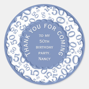 Thank You 50th Number Pattern Blue and White ラウンドシール