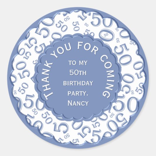 Thank You 50th Number Pattern Blue and White ラウンドシール (正面)