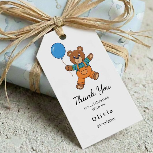Thank you Baby Shower for Boy Blue Balloon Bear ギフトタグ