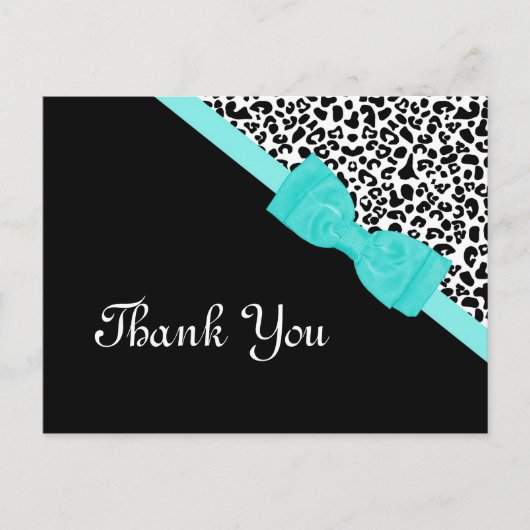 Thank You Black and White Leopard Aqua Ribbon ポストカード (正面)