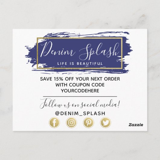 Thank You Blue 絵を描 Stroke & モダン金ゴールド ポストカード (裏面)