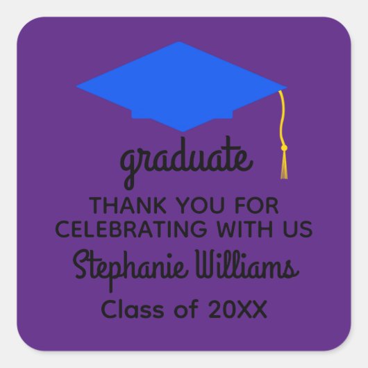 Thank You Blue Graduation Cap #1スタンプ スクエアシール (正面)