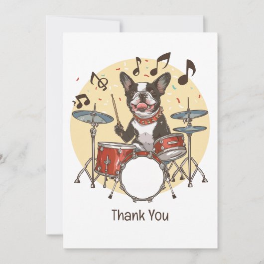 Thank You Boston Terrier Dog Playing Drums サンキューカード (正面)