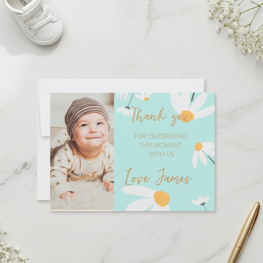 Thank you card template with photo of Daisy, blue  サンキューカード
