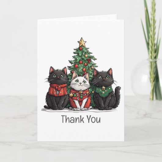 Thank You Christmas Cats Holiday Tree サンキューカード (正面)