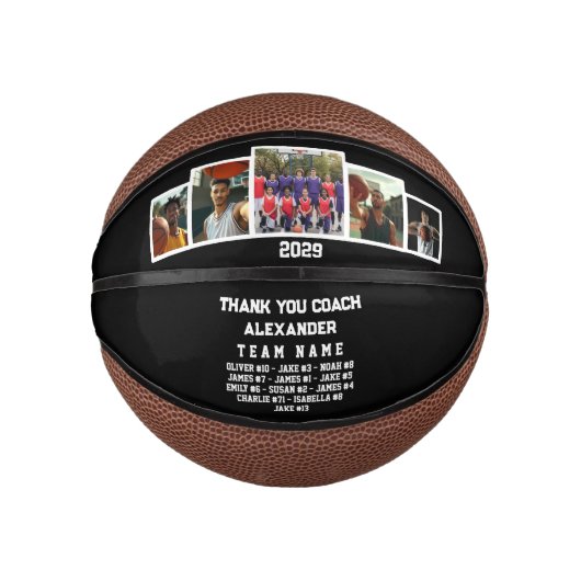 Thank You Coach、5枚のカスタム写真とチームメイトの名前 ミニバスケットボール (正面)