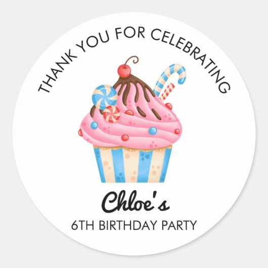 Thank You Cupcake Theme Birthday Party Sticker ラウンドシール (正面)