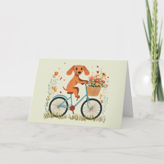 Thank You Dachshund Dog Biking Spring Flowers サンキューカード (正面)