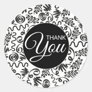 Thank You Doodle Curls Black and White ラウンドシール