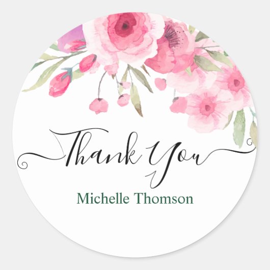 Thank you editable pink floral illustration ラウンドシール (正面)
