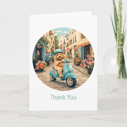 Thank You Goldendoodle Dog Riding Scooter サンキューカード (正面)