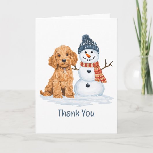 Thank You Holiday Winter Goldendoodle Dog Snowman サンキューカード (正面)