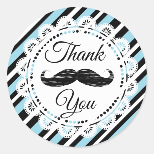 Thank You Mustache Blue and Black Stickers ラウンドシール (正面)