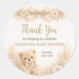 Thank You Neutral Teddy Bear Baby Shower Boho ラウンドシール