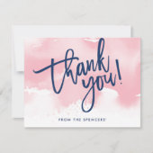 THANK YOU NOTE NOTEハンドレタ淡い色のーのピンクの水色 招待状 (正面)