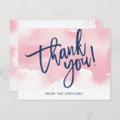 THANK YOU NOTE NOTEハンドレタ淡い色のーのピンクの水色 招待状 (正面/裏面)