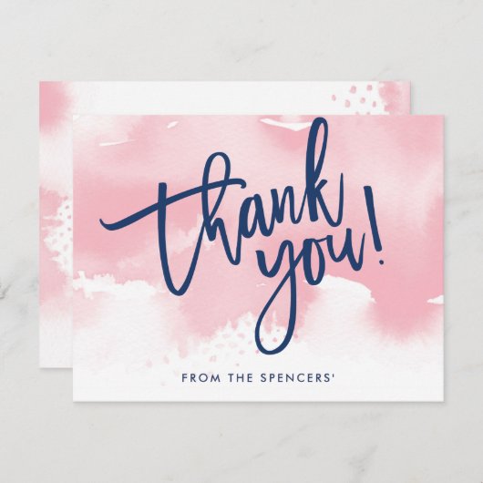 THANK YOU NOTE NOTEハンドレタ淡い色のーのピンクの水色 招待状 (正面/裏面)