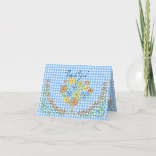 THANK YOU NOTECARD - BLUE GINGHAM/FLOWERS サンキューカード (正面)