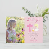 THANK YOU PHOTO 1st Communion - GIRL PINK Blonde サンキューカード (スタンド正面)