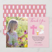 THANK YOU PHOTO 1st Communion - GIRL PINK Blonde サンキューカード (正面/裏面)