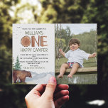 Thank You Photo Happy Camper サンキューカード<br><div class="desc">かわいいユニーク水色のウッドランド、クマ – 1つのハッピーキャンパー – カスタム写真1st誕生日サンキューカード。カスタマイズ可能</div>