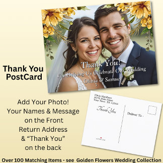 Thank You - Photo with Golden Flowers Wedding Set 案内ポストカード