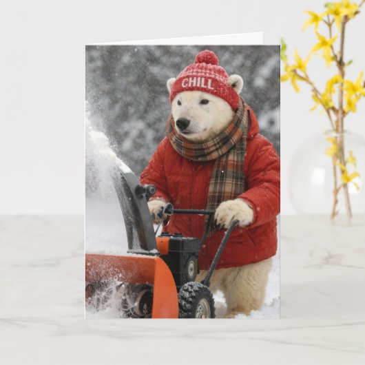 Thank You Polar Bear Pushing a Snowblower カード (黄色い花)