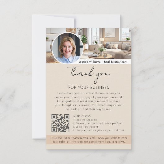 Thank You Review Request with QR Code Photo Beige カード (正面)