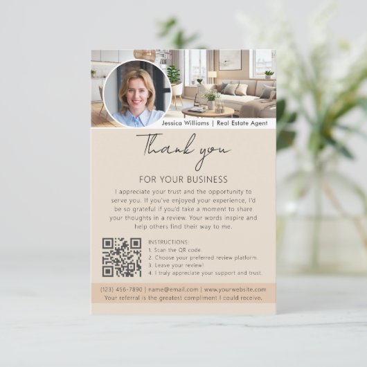Thank You Review Request with QR Code Photo Beige カード (スタンド正面)
