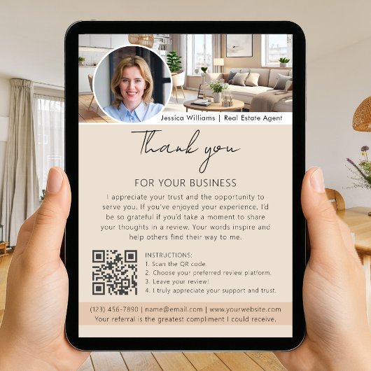 Thank You Review Request with QR Code Photo Beige カード