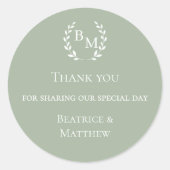 Thank you sage green monogrammed wedding ラウンドシール (正面)