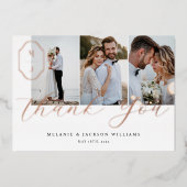 Thank You Script カスタム Monogramの結婚3枚の写真 箔招待状 (正面)