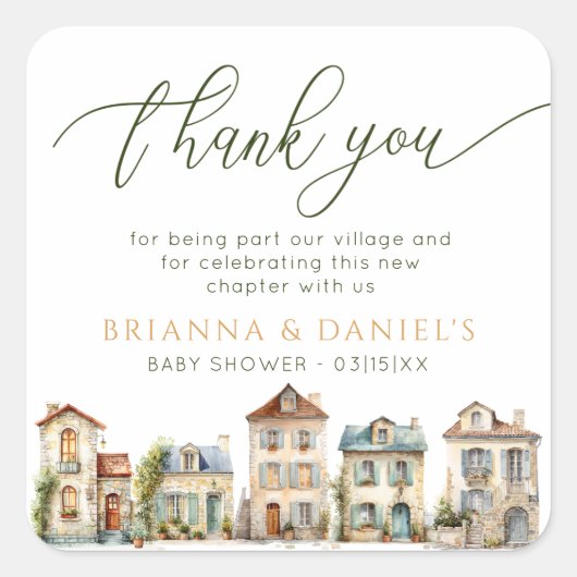 Thank You Sticker – It Takes a Village Baby Shower スクエアシール (正面)