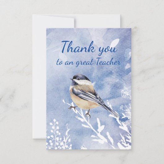 Thank You Teacher Watercolor Chickadee Winter サンキューカード (正面)
